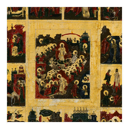 Icône ancienne russe 12 fêtes fond or XXe siècle 31x26 cm 2