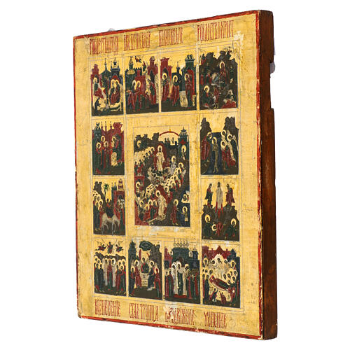 Icona antica russa 12 feste fondo oro XX sec 31x26 cm 3