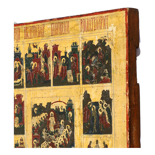 Icona antica russa 12 feste fondo oro XX sec 31x26 cm 4