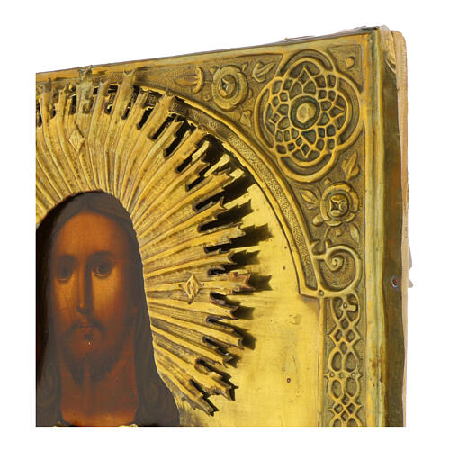 Alte russische Ikone, Christus Pantokrator mit Messingriza – Moskau, neunzehntes Jahrhundert, 31 × 26 cm 4
