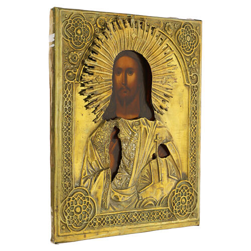 Alte russische Ikone, Christus Pantokrator mit Messingriza – Moskau, neunzehntes Jahrhundert, 31 × 26 cm 5