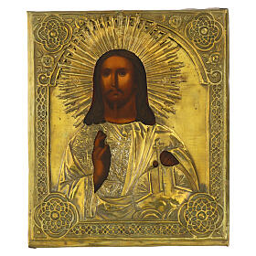 Antique Russian icon of Cosmocrator with brass riza, 12x10 in, 19th century