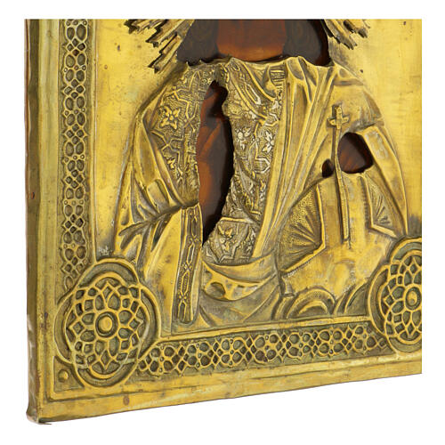 Antique Russian icon of Cosmocrator with brass riza, 12x10 in, 19th century 6