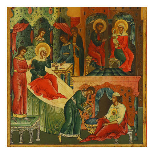 Icona russa antica nascita di Maria 44x37 cm XIX sec 2