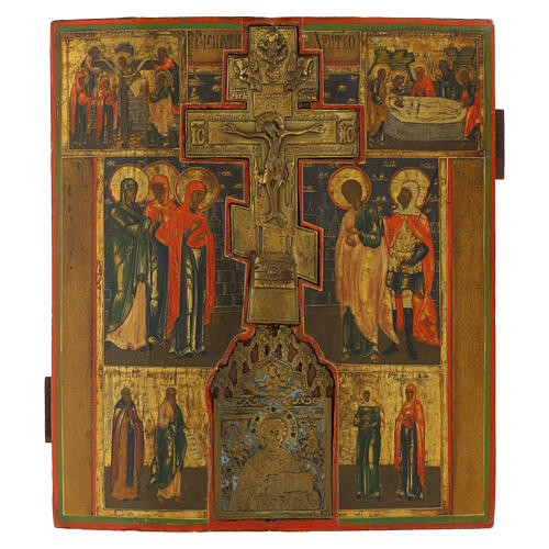 Antique Russian icon, Staurotheke with scenes, 19th Century, 14x12 in 1