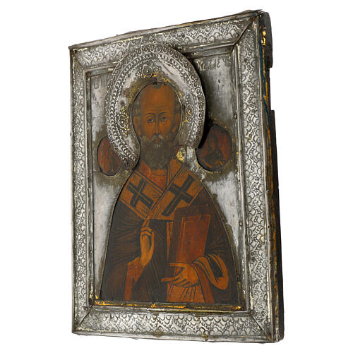 Antique Russian icon with brass riza, Saint Nicholas of Myra, 12x10 in, 19th century 3