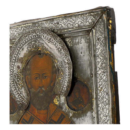 Antique Russian icon with brass riza, Saint Nicholas of Myra, 12x10 in, 19th century 4