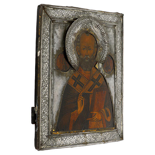 Antique Russian icon with brass riza, Saint Nicholas of Myra, 12x10 in, 19th century 5