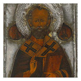 Antique Russian Icon Saint Nicholas of Myra 31x26 cm, 19th Century with Brass Riza