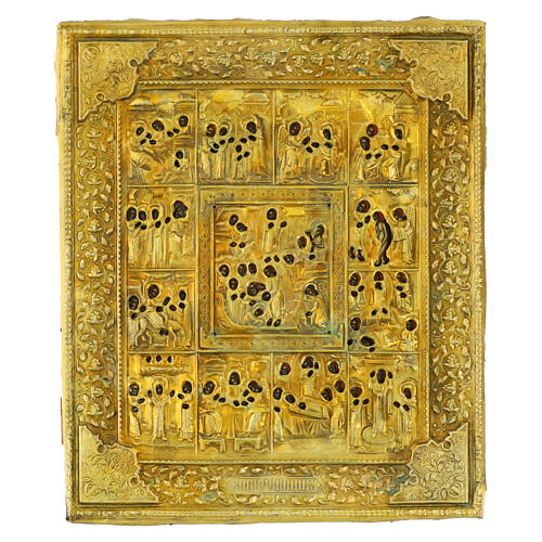 Antique Russian icon of the Twelve Feasts with brass riza, 19th century, 12x10 in 1
