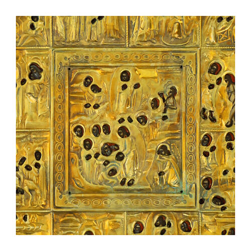 Antique Russian icon of the Twelve Feasts with brass riza, 19th century, 12x10 in 2