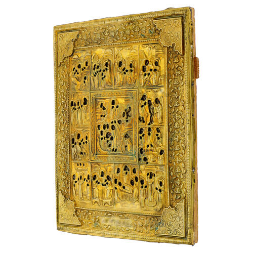 Antique Icon Twelve Feasts Brass Riza 19th Century, Russia 31x26 cm 3