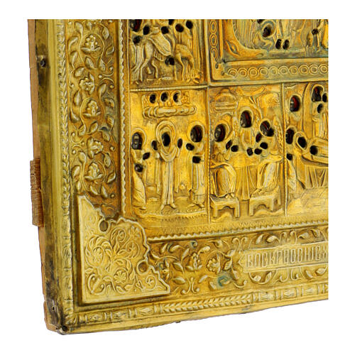 Antique Icon Twelve Feasts Brass Riza 19th Century, Russia 31x26 cm 8