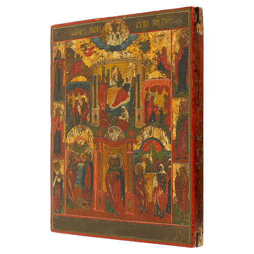 Icona antica Nascita di Maria e scene Russia XIX sec 33x27 cm 3