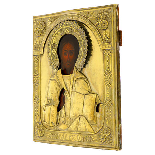 Icono antiguo Cristo Pantocrátor 32x26 cm con riza de metal dorado Rusia 3