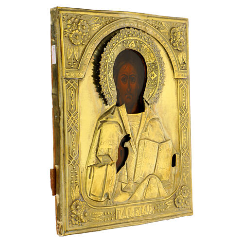 Icono antiguo Cristo Pantocrátor 32x26 cm con riza de metal dorado Rusia 5