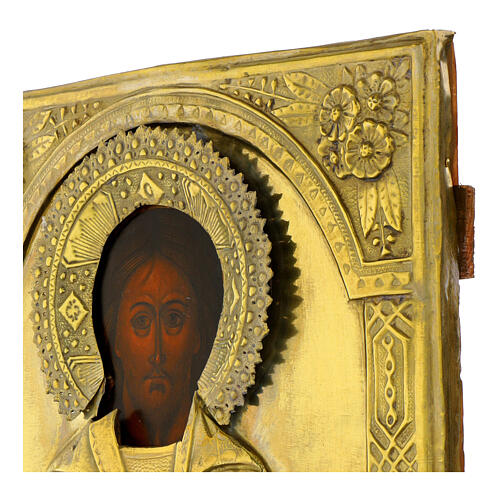 Icona antica Cristo Pantocratore 32x26 cm con riza in metallo dorato Russia 4