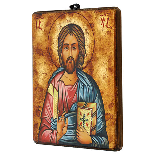 Ícone romeno pintado Jesus Pantocrator veste vermelha 22x18 cm 3