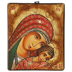 Icona Madre di Eleus Kikks manto rosso 28x24 cm dipinta a mano Romania
