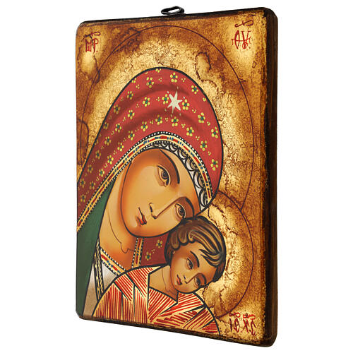 Icona Madre di Eleus Kikks manto rosso 28x24 cm dipinta a mano Romania 3
