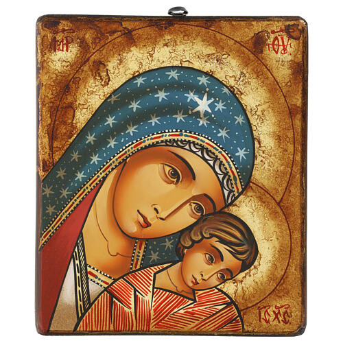 Romanian icon of Mother of God Eleusa Kikks, painted with blue mantle, 11x9 in 1