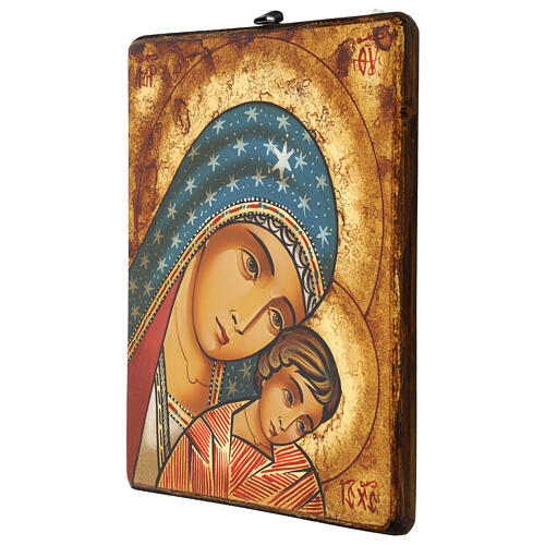 Romanian icon of Mother of God Eleusa Kikks, painted with blue mantle, 11x9 in 3