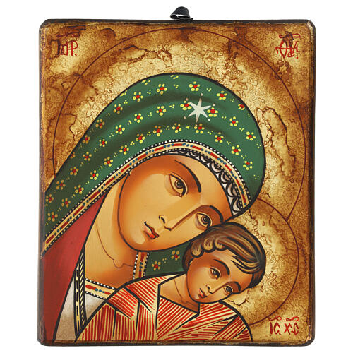 Icône romaine Mère de Dieu Éléousa Kykkos cape verte 28x24 cm 1