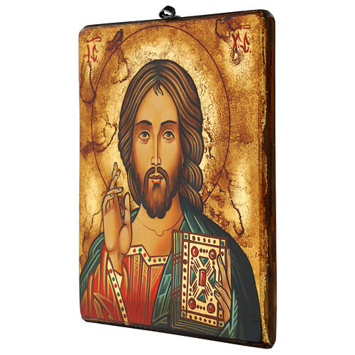 Icône roumaine Christ Pantocrator cape verte 28x24 cm 3