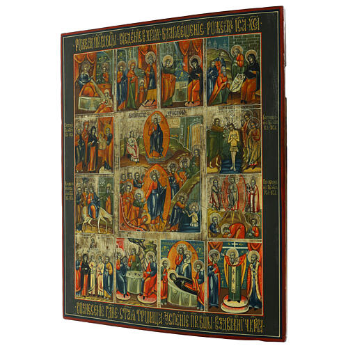 Icona russa 12 feste su tavola antica 52x42 cm 3