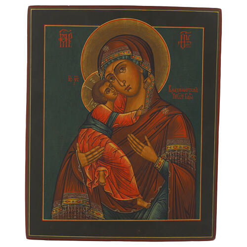 Icona Madonna di Vladimir su tavola antica 30x24 cm 1