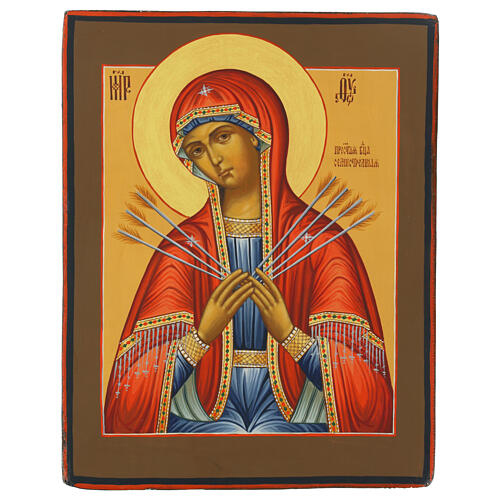 Russian icon on antique panel, Our Lady of the Seven Sorrows, Palekh style, 12x9 in 1