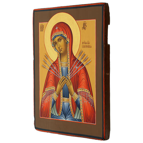 Icono ruso tabla antigua Virgen de los 7 Dolores estilo Palekh 30x24 cm 3