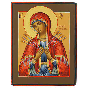 Icona russa su tavola antica Madonna dei 7 dolori stile Palekh 30x24 cm