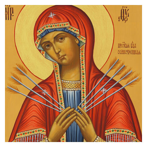 Icona russa su tavola antica Madonna dei 7 dolori stile Palekh 30x24 cm 2
