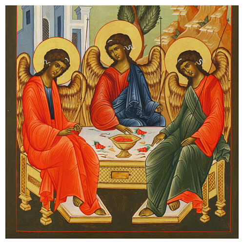 Modern Russian Icon of the Old Testament Trinity Palekh Style, 41x55 cm 2