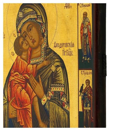 Modern Russian icon on antique wood, Our Lady of Saint Theodore with Saints, green background, 12x11 in 4