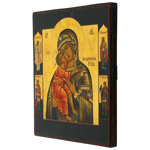 Icona russa moderna su tavola antica Madonna Feodorovskaya sfondo verde con Santi 31x26 cm 3