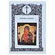 Icona russa moderna su tavola antica Madonna Feodorovskaya sfondo verde con Santi 31x26 cm s5
