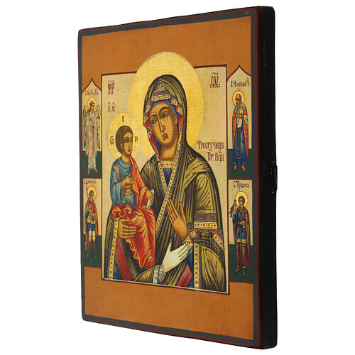 Icono ruso sobre tabla antigua Virgen 3 manos con Santos 31x26 cm 3