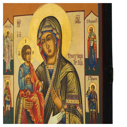 Icona russa su tavola antica Madonna 3 mani con Santi 31x26 cm 5