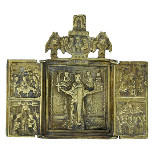 Icona russa pieghevole bronzo antica San Nicola di Mozajsk 11x9,5 cm 1