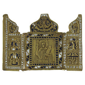 Alte russische klappbare Reiseikone, Heilige Paraskeva mit christlichen Festen aus Bronze – Russland, neunzehntes Jahrhundert, 14 × 10 cm