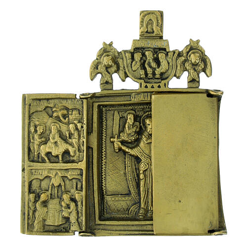 Russische Reiseikone, klappbar, Heiliger Nikolaus von Moschaisk aus Bronze – Russland, neunzehntes Jahrhundert, 11 × 9,5 cm 2