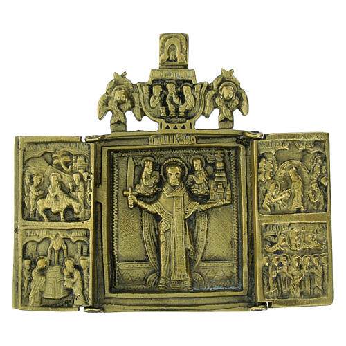 Icona russa pieghevole bronzo XIX secolo San Nicola di Mozajsk 11x9,5 cm 1