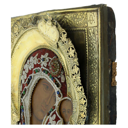 Icona russa XIX secolo Madonna di Kazan basma ottone e ricamo onorifico 31,5x26,5 cm 4