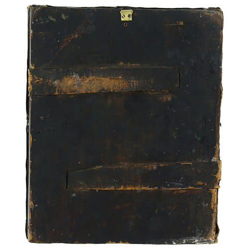 Icona russa XIX secolo Madonna di Kazan basma ottone e ricamo onorifico 31,5x26,5 cm 8