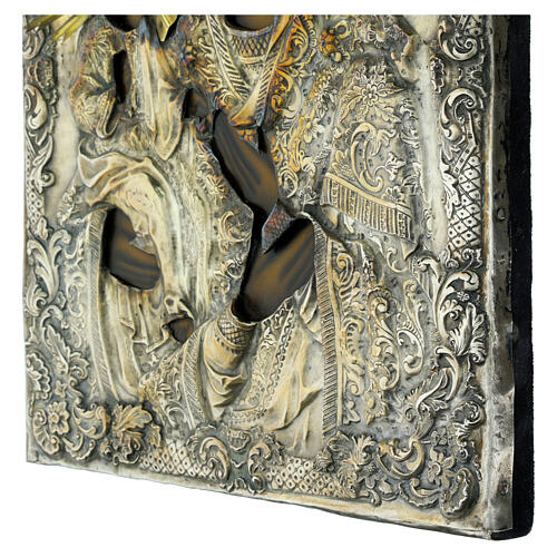 Icona russa XIX secolo Madonna delle Tre Mani con riza in metallo 33x24 cm 4