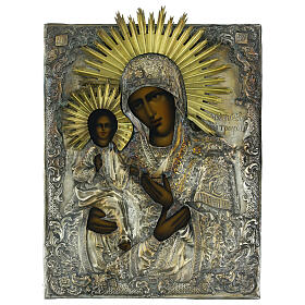 Russian icon 19th century Madonna of Three Hands with metal riza, 33x24 cm