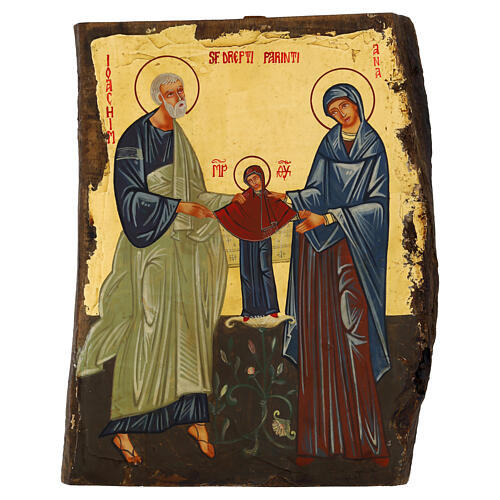 Icona Sant'Anna, Maria e San Giachino dipinta legno Rumena 31x23 cm 1