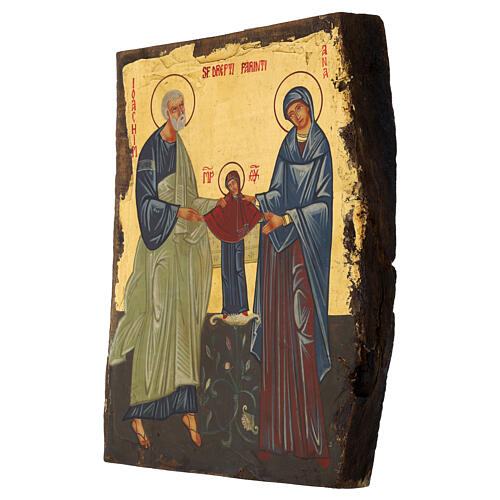 Icona Sant'Anna, Maria e San Giachino dipinta legno Rumena 31x23 cm 3